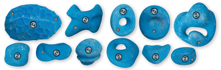 set collection of various blue artificial climbing holds isolated on white background wth clipping path. indoor sport bouldering extreme sport concept - obrazy, fototapety, plakaty