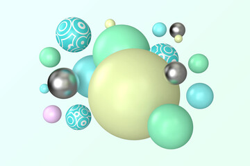 Abstract irregular circle dimensional spheres 3d illustration. Sphere shapes on light green background