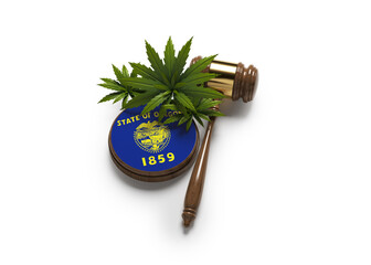 Cannabis leaf, gavel, and Oregon flag. On white color background. horizontal composition. Isolated with clipping path.