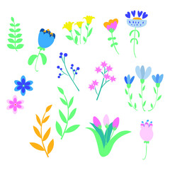 Set of summer flowers, botanical stickers for scrapbooking