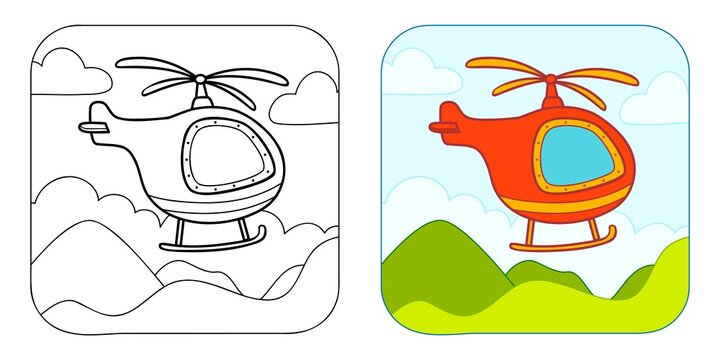 Coloring book or Coloring page for kids. Helicopter vector clipart. Nature background.