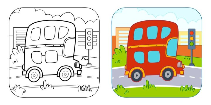 Coloring book or Coloring page for kids. Bus vector clipart. Nature background.