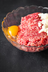raw minced meat fresh beef, pork, lamb, chicken healthy meal food snack diet on the table copy space food background rustic top view