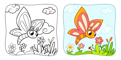 Obraz na płótnie Canvas Coloring book or Coloring page for kids. Butterfly vector clipart. Nature background.