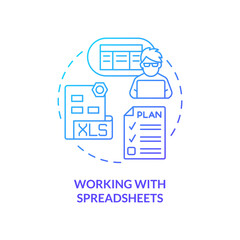 Working with spreadsheets blue gradient concept icon. Data arrangement. Programming skills abstract idea thin line illustration. Isolated outline drawing. Myriad Pro-Bold font used