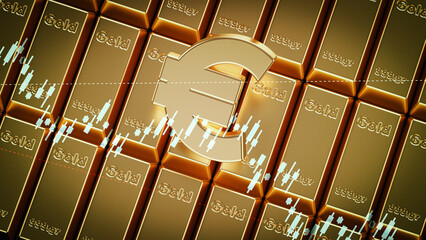 Euro symbol and finance chart on gold ingot stack. Horizontal composition.