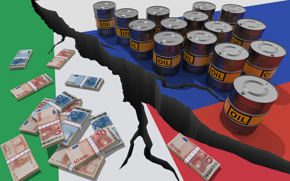 Oil barrels and money on background of the flags of Russia and Italy. World financial sanctions on russian oil and gas because of the invasion of Ukraine. Oil embargo. 3D render
