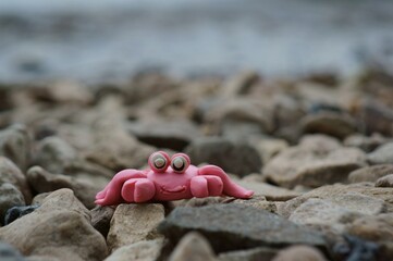 A toy crab made of plasticine on the river bank. Hobbies and recreation.