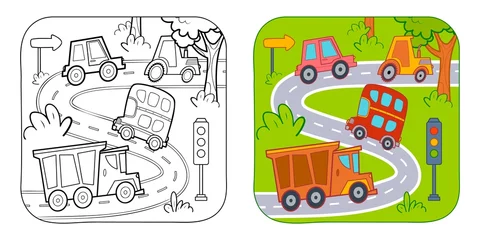 Fotobehang Coloring book or Coloring page for kids. Car vector clipart. Nature background. © Visual Content