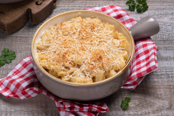 Mac and cheese. traditional american dish macaroni pasta and a cheese sauce