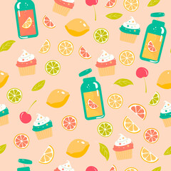 Bright summer seamless pattern on pink background with lemonade pot, lemon, lime, cherry, muffin and mint