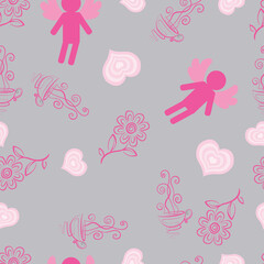 pattern, on a gray calm background, pink hearts and people with wings, vector illustration,
