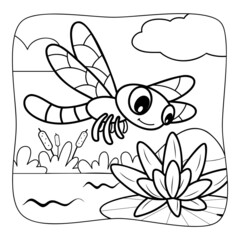 Dragonfly black and white. Coloring book or Coloring page for kids. Nature background