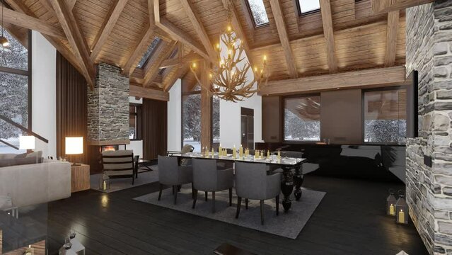4K video rendering of cozy living room on sunny winter day in the mountains, luxury interior of chalet decorated with candles, fireplace fills the room with warmth. It's snowing outside the window
