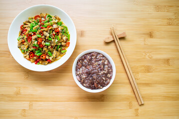 Chinese Multigrain Porridge with Chili Stir-Fried Chinese Meat