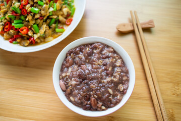 Chinese Multigrain Porridge with Chili Stir-Fried Chinese Meat