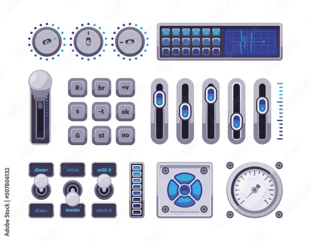 Poster Control panels. Ui elements buttons checkboxes switch dots electric meter display music amplified volume control dashboards garish vector templates