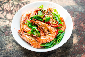 Chinese dishes fried black tiger prawns