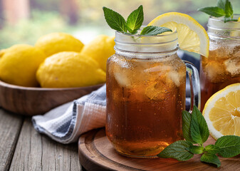Glass of ice tea with lemon and mint - 507806334