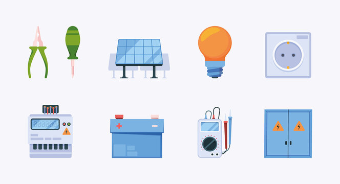 Electricity tools. Industrial power equipment glowing lightning electric meters garish vector colored symbols