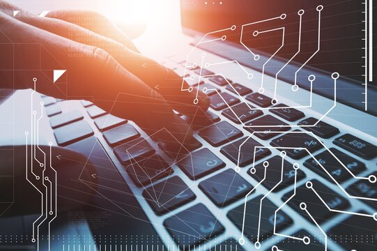 Digital technology concept. Coding programmer working on digital table.