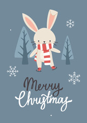 Merry christmas greeting card with cute bunny on the skates. Happy rabbit in scarf with calligraphy lettering.