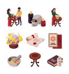 Magic witch. Fairytale magician balls oracle tarro cards fantasy services garish vector pictures set isolated