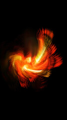 Fiery unique background, in the form of solar prominences, fiery whirlwinds. on a black background. Illustration. Vertical
