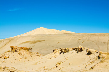 Desert-like landscape of the Giant sand dunes, Te Paki, on a bright summer day. Bizzarre sand formations and classic cones under clear blue sky. Northland, New Zealand