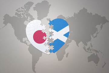 puzzle heart with the national flag of japan and scotland on a world map background. Concept. 3D illustration