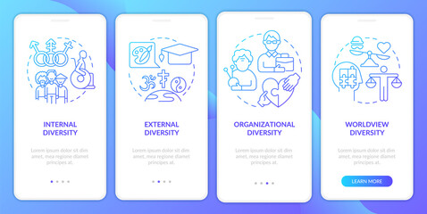 Workplace diversity blue gradient onboarding mobile app screen. Corporate walkthrough 4 steps graphic instructions with linear concepts. UI, UX, GUI template. Myriad Pro-Bold, Regular fonts used