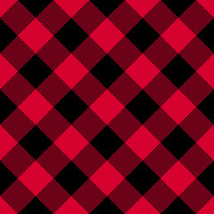 Red Plaid seamless patten. Vector checkered red and black plaid textured background. Traditional diagonal fabric print. Christmas Buffalo Flannel plaid texture for fashion, print, design