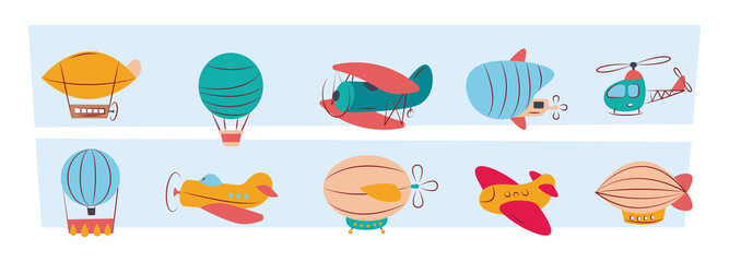 Flying transport. Stylized colored illustrations of airbus and airplane childhood adventure transport funny helicopters garish vector illustrations set