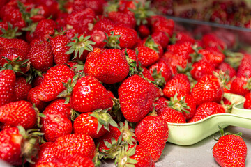 Organic and fresh strawberries in farmer market.A market stall with boxes of fresh strawberries