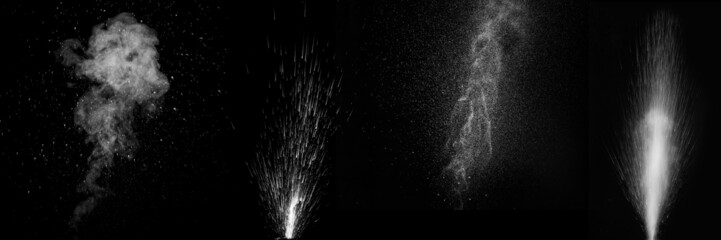Set of different curly white steam and splashing water splashing isolated on black background. Abstract background, design element. Evaporation of liquid and condensation.