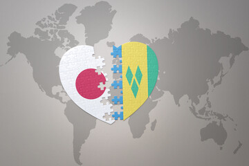 puzzle heart with the national flag of japan and saint vincent and the grenadines on a world map background. Concept. 3D illustration - obrazy, fototapety, plakaty