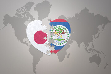 puzzle heart with the national flag of japan and belize on a world map background. Concept. 3D illustration