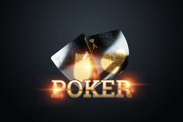 Casino concept, Poster for casino design, luxury style, black and gold design. Playing cards on a dark background. Baccarat, poker, blackjack. 3D render, 3D illustration.