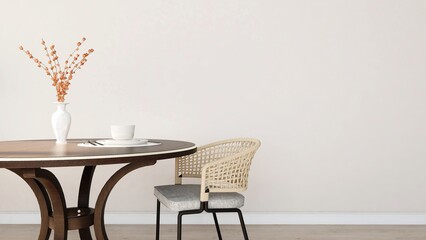 Wall mockup of a dining room with handmade chair and table decoration. 3d rendering, interior design, 3d illustration