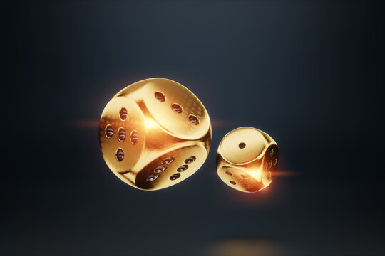 Casino concept, golden dice on black background, black and gold design. Gambling, luxury style, poker, blackjack, baccarat. Casino win poster. design for gambling banner. 3D render, 3D illustration.