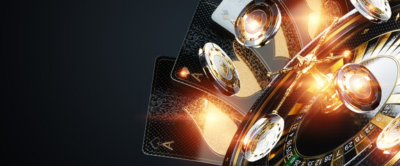 Casino concept, Poster for casino design, luxury style, black and gold design. Playing cards on a dark background. Baccarat, poker, blackjack. 3D render, 3D illustration.