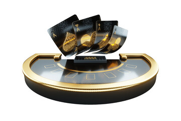 Casino concept, blackjack table. black gold design isolate on white background, gambling, luxury style, baccarat, poker. Poster for casino design. 3D render, 3D illustration.