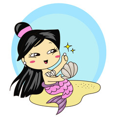 Cute little mermaid on a white background for kids fashion artworks, children books, birthday invitations, greeting cards, posters. Fantasy cartoon vector illustration.