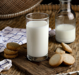 glass of milk and cookies with wooden background