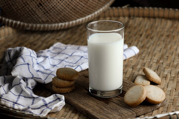 glass of milk and cookies with wooden background