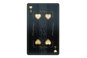 Casino concept, hearts four playing card, black and gold design isolated on white background. Gambling, luxury style, poker, blackjack, baccarat. 3D render, 3D illustration.