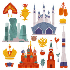 Russia Symbols and Object with Moscow Kremlin and Moscow-City Vector Set