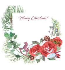 square Christmas frame for the design of cards and gift wrapping with red roses in the snow and fir branches isolated on a white background