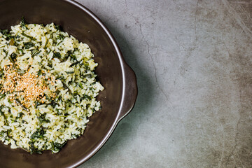 Gondeurenamulbap, Korean style Thistle Rice : Made with dried gondeure (thistle), a fragrant, wild mountain plant, which is soaked in water and squeezed, this dish is served with rice cooked with a li