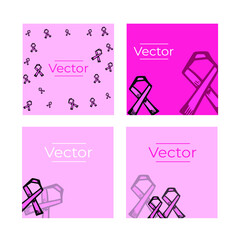 Breast cancer pink ribbon sketch vector set of illustrations. Women support hand drawn square background. World cancer day media banner